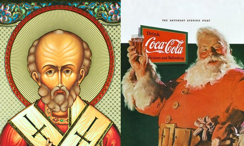 ▲左圖為「主教聖尼古拉」，右圖為1931年可口可樂請Haddon Sundblom繪製的聖誕老人。